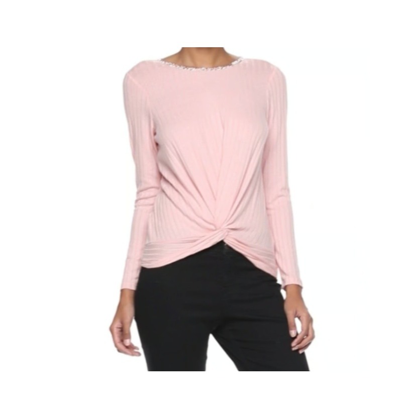 Juicy Couture Embellished Neck Twist Front Top Ribbed Long Sleeve Pink Xs